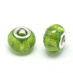 Yellow Green Resin European Beads, Large Hole Beads, with Silver Color Plated Brass Cores, Rondelle Large Hole Beads, Yellow Green, 13.5x9~9.5mm, Hole: 5mm