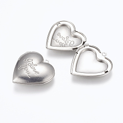 Stainless Steel Color 316 Stainless Steel Locket Pendants, Photo Frame Charms for Necklaces, Heart with Phrase I Love You, For Valentine's Day, Stainless Steel Color, 29x29x7mm, Hole: 2mm, Inner Size: 16.5x21.5mm
