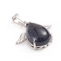 Blue Goldstone Synthetic Blue Goldstone Pendants, with Platinum Tone Brass Cabochons Settings, teardrop, with Wing, 23~23.5x25x8~9mm, Hole: 8x5mm