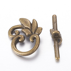 Bronze Antique Feuilles fermoirs à bascule de style tibétain, feuille, sans plomb et sans cadmium, bronze antique, feuille: 19x24 mm, barre: 5.5x29.5 mm, Trou: 1.6mm