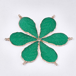 Sea Green Electroplate Druzy Resin Big Pendants, with Iron Findings, Leaf, Light Gold, Sea Green, 56~57x27~28x3mm, Hole: 1.6mm