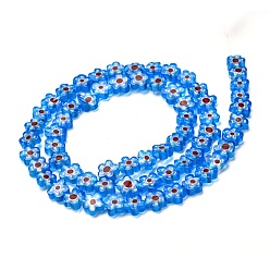 Bleu Ciel Foncé Main millefiori perles de verre brins, fleur, bleu profond du ciel, 4~7.2x2.6mm, Trou: 1mm, Environ 60~69 pcs/chapelet, 16 pouce (40 cm)