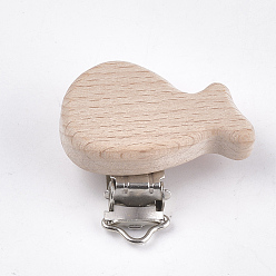 BurlyWood Beech Wood Baby Pacifier Holder Clips, with Iron Clips, Whale, Platinum, BurlyWood, 44x46x18mm, Hole: 3.5x6mm