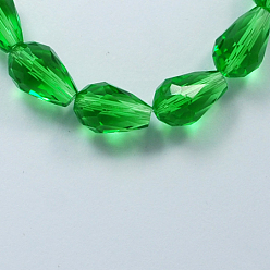 Green Glass Beads Strands, Faceted, teardrop, Green, 15x10mm, Hole: 2mm, about 48pcs/strand, 27.56 inch(70cm)