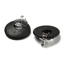 Lava Rock Natural Lava Rock Pendants, Spiritual Charms, with Platinum Tone Brass Findings, Flat Round with Flower of Life/Sacred Geometry, 32~32.5x28~30x7~7.5mm, Hole: 5x8mm
