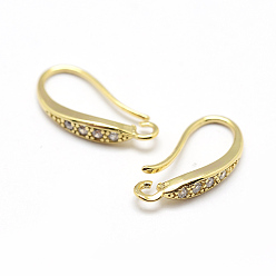 Real 18K Gold Plated Brass Micro Pave Cubic Zirconia Earring Hooks, with Horizontal Loop, Lead Free & Nickel Free & Cadmium Free, Real 18K Gold Plated, 15~16x7~8x2.5mm, Hole: 1mm, 18 Gauge, Pin: 1mm