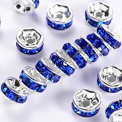 Sapphire Brass Grade A Rhinestone Spacer Beads, Silver Color Plated, Nickel Free, Sapphire, 8x3.8mm, Hole: 1.5mm