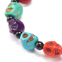 Colorful Natural Mashan Jade Skull & Synthetic Turquoise(Dyed) Beaded Stretch Bracelet, Gemstone Jewelry for Women, Colorful, Inner Diameter: 2-1/8 inch(5.5cm)
