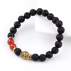 Mixed Stone Natural Lava Rock Bead Stretch Bracelets, with Natural Gemstone Beads and Alloy 3D Buddha Head Beads, Antique Golden, 55mm