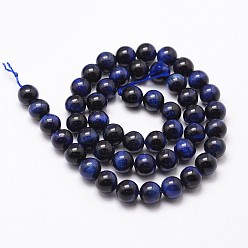 Prussian Blue Natural Tiger Eye Bead Strands, Dyed & Heated, Round, Prussian Blue, 10mm, Hole: 1mm, about 37pcs/strand, 14.9 inch~15.1 inch