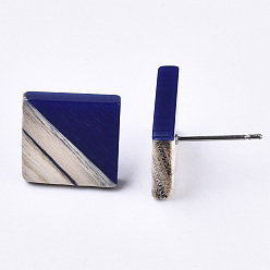 Midnight Blue Opaque Resin & Wood Stud Earrings, with 304 Stainless Steel Pin, Rhombus, Midnight Blue, 17x18mm, Pin: 0.7mm
