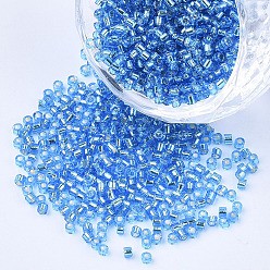 Bleu Dodger Perles cylindriques en verre, Perles de rocaille, Argenté, trou rond, Dodger bleu, 1.5~2x1~2mm, Trou: 0.8mm, environ 8000 pcs / sachet , environ 85~95 g /sachet 