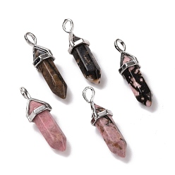 Rhodonite Natural Rhodonite Pendants, Faceted, with Platinum Tone Brass Findings, Lead free & Cadmium Free, Bullet, 27~30x9~10x7~8mm, Hole: 4x3mm
