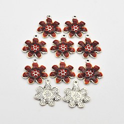 Dark Red Antique Silver Tone Alloy Enamel Flower Pendants, with Rhinestones, Dark Red, 25x22x2.5mm, Hole: 2mm