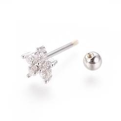 Platinum Rhodium Plated 925 Sterling Silver Barbell Cartilage Earrings, Screw Back Earrings, with Micro Pave Clear Cubic Zirconia, with 925 Stamp, Flower, Platinum, 5.5x6x3mm, Pin: 0.8mm