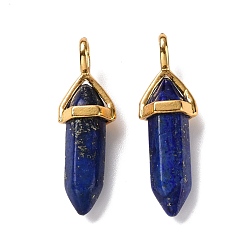Lapis Lazuli Natural Lapis Lazuli Pendants, Faceted, with Golden Tone Brass Findings, Lead free & Cadmium Free, Dyed, Bullet, 27~30x9~10x7~8mm, Hole: 4x3mm