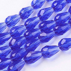 Blue Glass Beads Strands, Faceted, Drop, Blue, 11x8mm, Hole: 1mm, about 57~59pcs/strand, 26.38~26.77 inch
