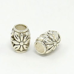 Silver Tibetan Style Alloy Beads, Cadmium Free & Lead Free, Barrel with Flower, Silver, 8.5x10.5mm, Hole: 4.5mm