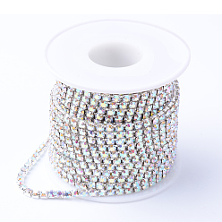 Crystal AB Brass Rhinestone Strass Chains, Rhinestone Cup Chains, with Spool, Silver Color Plated, Crystal AB, 2.3~2.4mm, about 10yards/roll