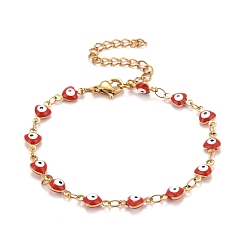 Rouge Coeur en émail avec bracelet chaînes à maillons mauvais œil, placage sous vide 304 bijoux en acier inoxydable pour femmes, or, rouge, 6-3/4 pouce (17.1 cm)