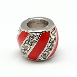 Mixed Color Platinum Plated Alloy Enamel Rhinestone European Beads, Large Hole Drum Beads, Mixed Color, 10x8mm, Hole: 5mm