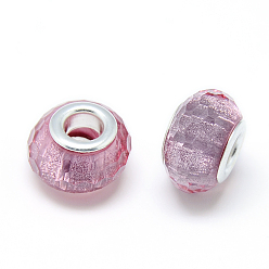 Plum Resin European Beads, Large Hole Beads, with Silver Color Plated Brass Cores, Faceted, Rondelle, Large Hole Beads, Plum, 13.5~14.5x9mm, Hole: 5mm