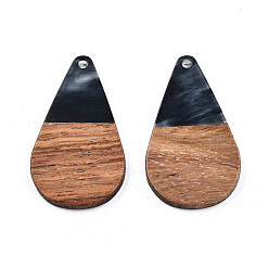 Black Transparent Resin & Walnut Wood Pendants, Teardrop Shape Charm, Black, 38x22x3mm, Hole: 2mm