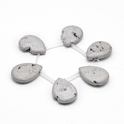 Silver Plated Electroplated Natural Quartz Crystal Beads Strands, Top Drilled Beads, Druzy Geode Crystals, Teardrop, Silver Plated, 29~30x22x8mm, Hole: 1.5mm, about 6pcs/strand, 6.2 inch