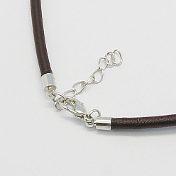 Saddle Brown Silk Necklace Cord, with Brass Lobster Claw Clasp and Extended Chain, Platinum, Saddle Brown, 17~18.5 inch