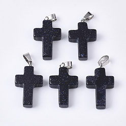 Blue Goldstone Synthetic Blue Goldstone Pendants, with Stainless Steel Peg Bails, Cross, Stainless Steel Color, 28~30x18x6mm, Hole: 7x3.5mm