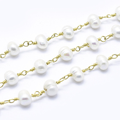 Raw(Unplated) Natural Freshwater Pearl Handmade Beaded Chains, Unwelded, with Spool, with Brass Eye Pin, Long-Lasting Plated, Potato, Cadmium Free & Nickel Free & Lead Free, Raw(Unplated), 15x5~7mm, about 32.8 Feet(10m)/roll