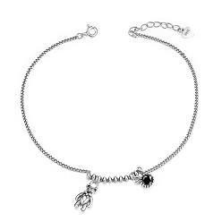 Antique Silver SHEGRACE 925 Sterling Silver Link Anklets, with Enamel, Curb Chains and Spring Clasps, Bear, Antique Silver, 8-1/4 inch(21cm)