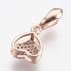 Or Rose Piquet de zircone cubique à micro cristaux en laiton, cœur, or rose, 23x10x6mm, trou: 2.5 mm, intérieur: 6 mm, broche: 1 mm