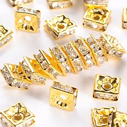 Clear Brass Rhinestone Spacer Beads, Grade A, Square, Nickel Free, White, Golden Metal Color, Size: about 6mmx6mmx3mm, hole: 1mm