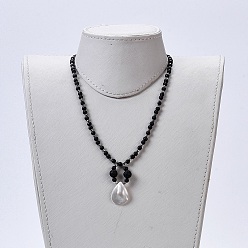 Noir Colliers pendentif coquille spirale, avec des perles d'hématite synthétique non magnétiques et des perles de pierre de lave naturelle et 304 apprêts en acier inoxydable, sacs de cordon de toile de jute, noir, 18.4 pouce (46.9 cm), shell: 23.5x18x3 mm