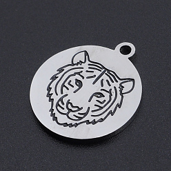 Stainless Steel Color 201 Stainless Steel Etched Pendants, Flat Round with Tiger, Stainless Steel Color, 22x19x1.5mm, Hole: 1.8mm