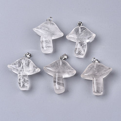 Cristal de Quartz Pendeloques de cristal de quartz naturel, avec cliquet en acier inoxydable, champignons, couleur inox, 27.5~28.5x23~25x9.5~10.5mm, Trou: 3x5mm
