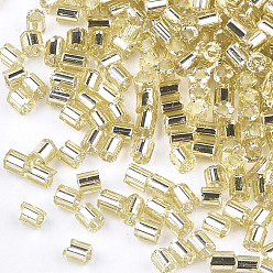 Pale Goldenrod Grade A Glass Seed Beads, Hexagon(Two Cut), Silver Lined, Pale Goldenrod, 1.5~2.5x1.5~2mm, Hole: 0.8mm, about 2100pcs/bag, 450g/bag