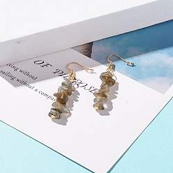 Labradorite Natural Labradorite Chip Beaded Dangle Earrings, Gemstone Drop Earrings for Women, Brass Jewelry, Golden, 50~54x7~11.5x5~8mm, Pin: 0.7mm