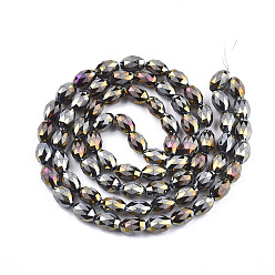 Dark Gray Electroplated Glass Beads Strands, Frosted, Faceted, Oval, Dark Gray, 8x6mm, Hole: 1.2mm, about 70pcs/strand, 22.8 inch