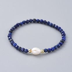 Lapis Lazuli Natural Lapis Lazuli(Dyed) Beads Stretch Bracelets, with Brass Beads and Natural Pearl Beads, 2-1/2 inch(6.4cm)