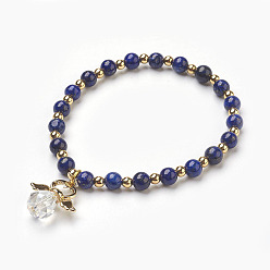 Lapis Lazuli Natural Lapis Lazuli(Dyed) Beads Stretch Charm Bracelets, with Brass and Alloy Findings, Angel, 2-1/8 inch(5.4cm), Charm: 21x19x10mm