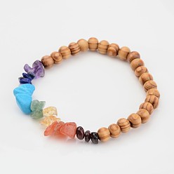Colorful Chakra Wood Beaded Stretch Bracelets, with Natural Gemstone Beads, Colorful, Inner Diameter: 2 inch(5.2cm)