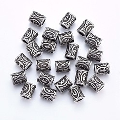 Antique Silver 304 Stainless Steel Beads, Viking Runes Beads for Hair Beards, Dreadlocks Hair Braiding, Column with Rune/Futhark/Futhorc, Antique Silver, 16x13mm, Hole: 8mm