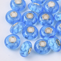 Mixed Color Handmade Lampwork European Beads, Inner Flower, Large Hole Beads, with Silver Color Plated Brass Single Cores, Rondelle, Mixed Color, 14x7.5mm, Hole: 4mm