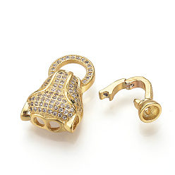 Golden Brass Micro Pave Cubic Zirconia Fold Over Clasps, Cheetah Head, Golden, 31mm, Hole: 2mm