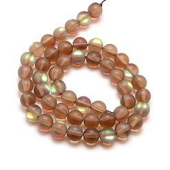 Coffee Synthetic Moonstone Beads Strands, Holographic Beads, Half AB Color Plated, Frosted, Round, Coffee, 6mm, Hole: 1mm, about 60pcs/strand, 15 inch