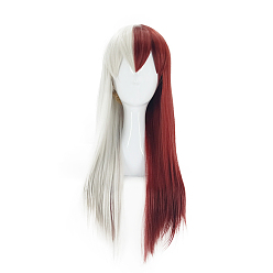 High Temperature Fiber Long Half Silver White Half Red Kawaii Cosplay Wigs with Bangs, Synthetic Hero Wigs for Makeup Costume, 19.7 inch(50cm)