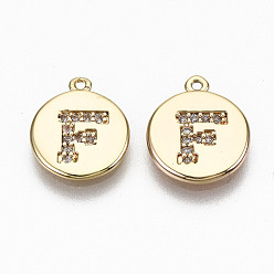 Letter F Brass Micro Pave Clear Cubic Zirconia Charms, Nickel Free, Real 18K Gold Plated, Flat Round, Letter.F, 11.5x10x1mm, Hole: 0.9mm