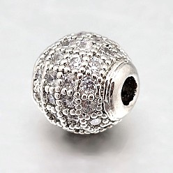 Platinum Round Brass Micro Pave Cubic Zirconia Beads, Clear, Platinum, 6mm, Hole: 1.8mm